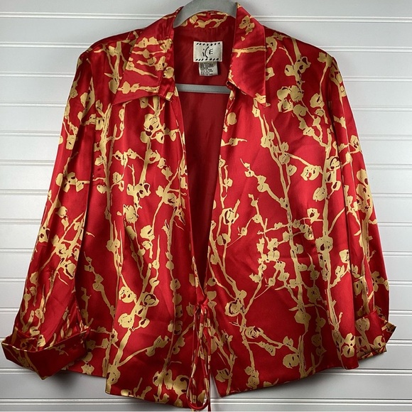 ICE Red 100%Silk Open cardigan jacket with Tie in Front  Size Large red& Gold - Picture 7 of 7